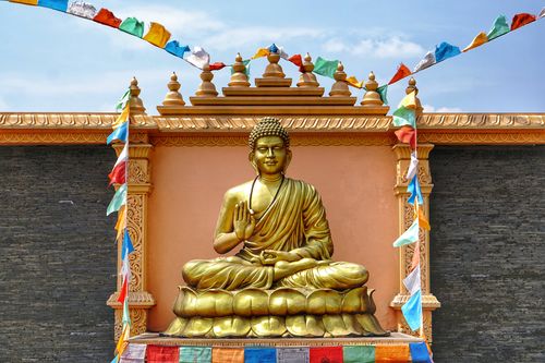 golden,buddha,statue,colourful,prayer,flags,chaudhary,grup,cg,temple,located,dumkauli,devchli,municipality,nawalparasi,distric,nepal