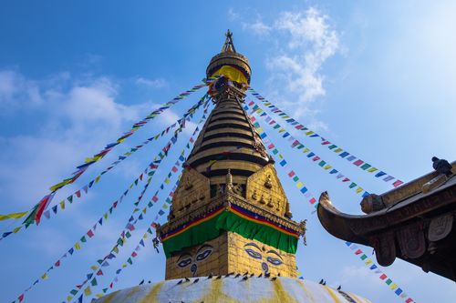 swayambhunath,monkey,temple,located,kathmandu,nepal,showing,wisdom,eyes,clear,blue,sky