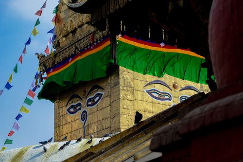 swayambhunath,monkey,temple,located,kathmandu,nepal,showing,wisdom,eyes,clear,blue,sky