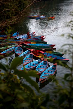 colorful,wooden,boats,phewa,lake,pokhara,nepal