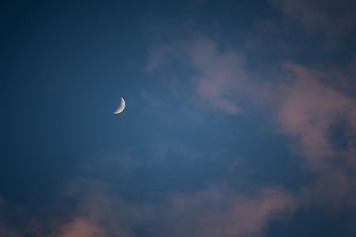 crescent,moon,pictured,blue,sky,pink,clouds,sunset