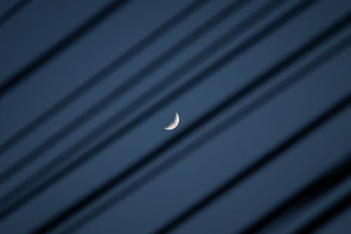 crescent,moon,pictured,amonst,wires,evening,sky