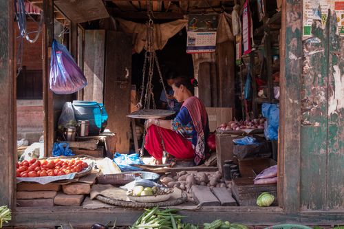woman,sits,shop,selling,vegetables,bhaktapur,durbar,square,nepal