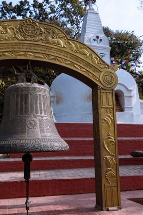 large,bell,small,stupa,bajradhatu,chaitya,entrance,swayambhunath,kathmandu,nepal