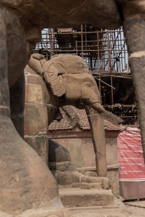 statue,elephant,entrance,stairs,temple,located,patan,durbar,square,nepal