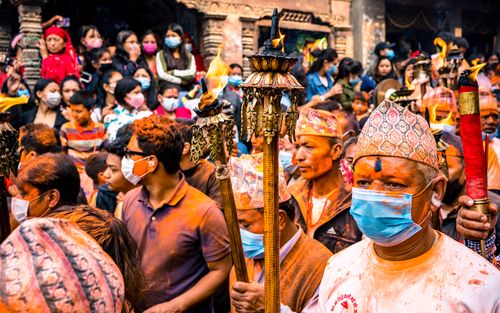 people,wearing,mask,celebrating,biska,jatra,bhaktapur,nepal