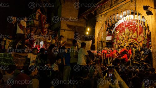 Find  the Image chariot,procession,kumari,living,goddess,crowds,front,swet,vairab,basantapur,durbar,square  and other Royalty Free Stock Images of Nepal in the Neptos collection.