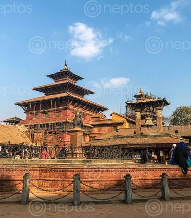 Find  the Image patan,durbar,square,pagoda,temple,emerald,blue,sky  and other Royalty Free Stock Images of Nepal in the Neptos collection.