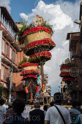Find  the Image year,hadigaun,people,conduct,unique,jatra,takes,place,world,commonly,kahi,nabhaeko,means,kinds,rise,popular,nepali,hadigaunma,meaning,identity,legend,connected,establishment,unlike,chariots,jatras,satyanarayan,wheels,devotees,carry,shoulders,make,shape,inverted,umbrella,top,consist,idols,gods,pinnacle,bottom  and other Royalty Free Stock Images of Nepal in the Neptos collection.