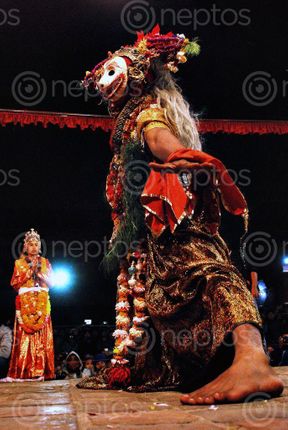Find  the Image narasimha,avatar,unique,type,festival,observed,patan,durbar,square,newari,cultural,program,musical,drama,dances,ancient,king,siddi,narsingh,malla,lalitpur,started,kartik,naach,nepal,sambat,year,historians,assume,decided,start,advice,teachers,hari,bansa,rajopadhayay,bishwanath,upadhayay,celebrate,completion,krishna,mandir,temple,dedicated,lord,situated,inside  and other Royalty Free Stock Images of Nepal in the Neptos collection.