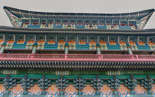 Find  the Image low,angled,view,korean,temple,lumbini  and other Royalty Free Stock Images of Nepal in the Neptos collection.