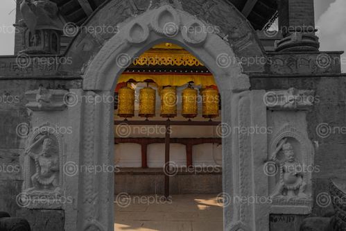 Find  the Image prayer,wheels,spinned,devotees,order,aid,meditation,accumulating,wisdom,good,karma,putting,negative,energy  and other Royalty Free Stock Images of Nepal in the Neptos collection.