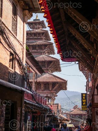 Find  the Image view,nyatpol,form,narrow,streets,taumadi,square  and other Royalty Free Stock Images of Nepal in the Neptos collection.