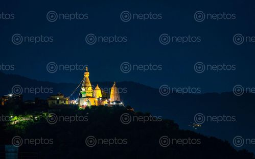Find  the Image evening,view,swayambhunath,kathmandu,nepal  and other Royalty Free Stock Images of Nepal in the Neptos collection.