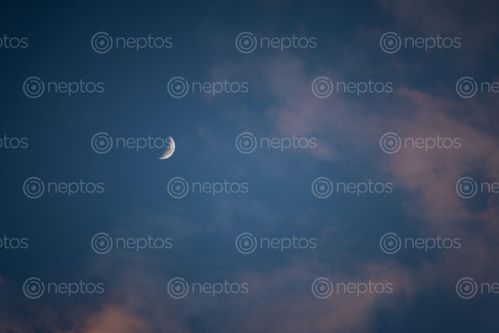 Find  the Image crescent,moon,pictured,blue,sky,pink,clouds,sunset  and other Royalty Free Stock Images of Nepal in the Neptos collection.