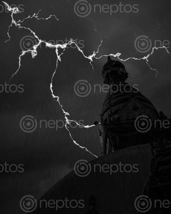 Find  the Image lightning,pictured,swayambhu,nath,stupa,rainy,evening,composite,image  and other Royalty Free Stock Images of Nepal in the Neptos collection.