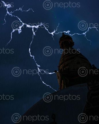 Find  the Image lightning,pictured,swayambhu,nath,stupa,rainy,evening,composite,image  and other Royalty Free Stock Images of Nepal in the Neptos collection.