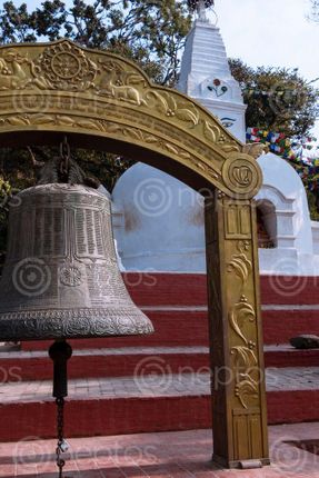 Find  the Image large,bell,small,stupa,bajradhatu,chaitya,entrance,swayambhunath,kathmandu,nepal  and other Royalty Free Stock Images of Nepal in the Neptos collection.