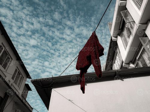 Find  the Image wet,red,sweater,hanging,sun,sunny,winter,day  and other Royalty Free Stock Images of Nepal in the Neptos collection.