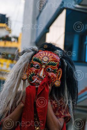 Find  the Image lākhey,nepal,bhasa,लाखे,lā-khé,alternative,spellings,lākhe,lākhay,लाखय्,demon,nepalese,folklore,depicted,ferocious,face,protruding,fangs,man,red,black,hair,lakhes,figure,prominently,traditional,newar,culture,mandala,lakhe,tradition,found,kathmandu,valley,settlements  and other Royalty Free Stock Images of Nepal in the Neptos collection.